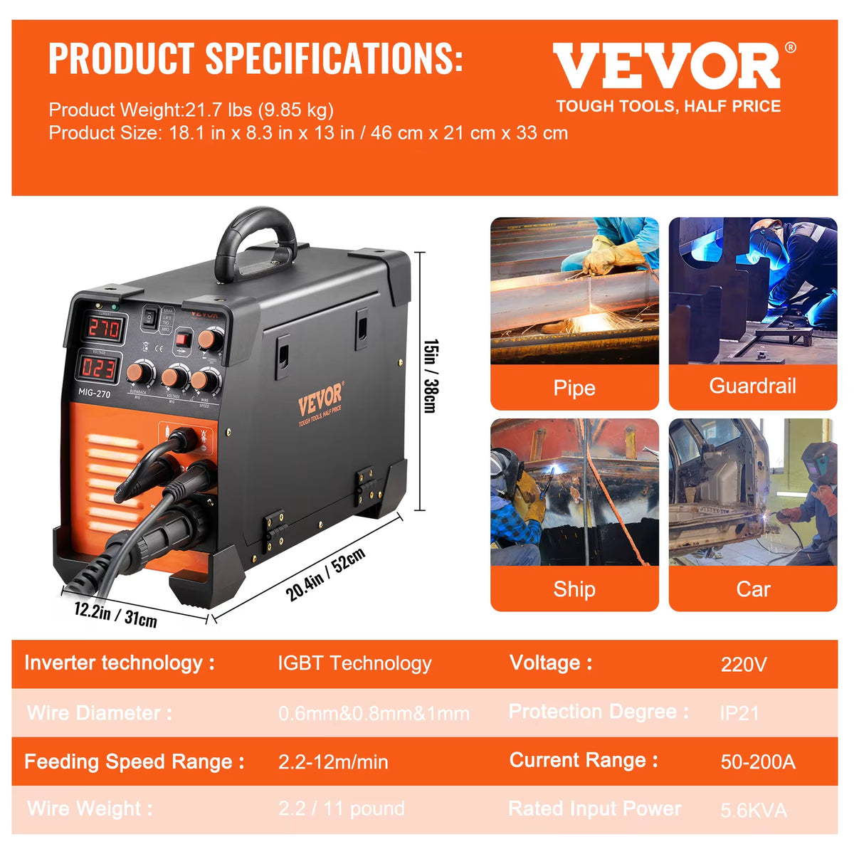 VEVOR MIG Welder 3In1 Welding Machine 270 Amp MIG TIG Arc Welder Lift ARC Welder Digital Display Combo Inverter Welding Machine