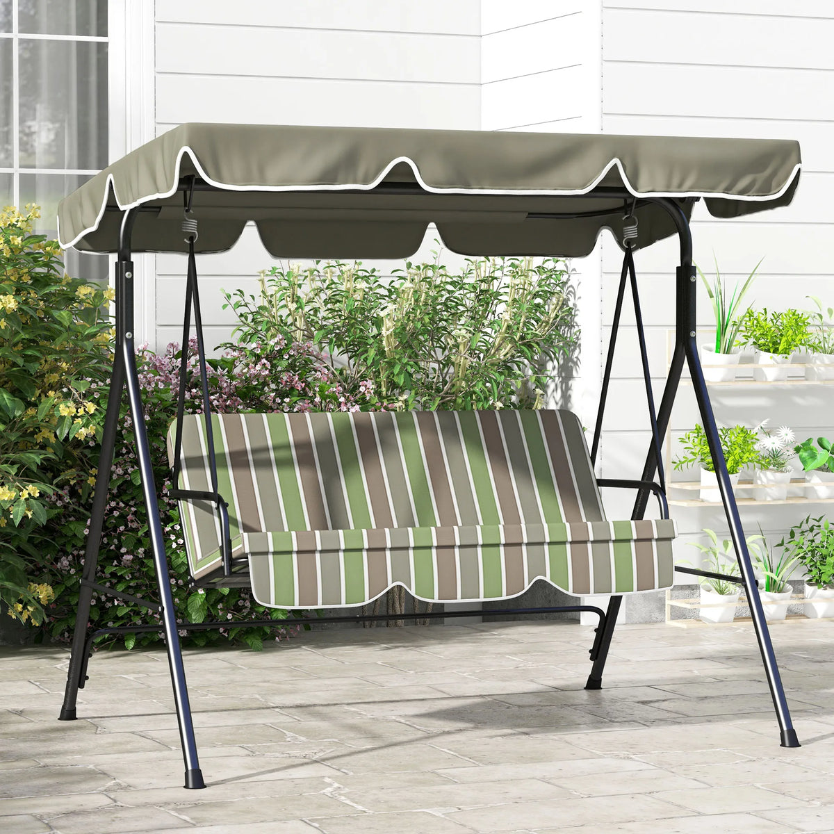 3-Seat Outdoor Patio Swing W/ Canopy & Cushion, Beige & Green