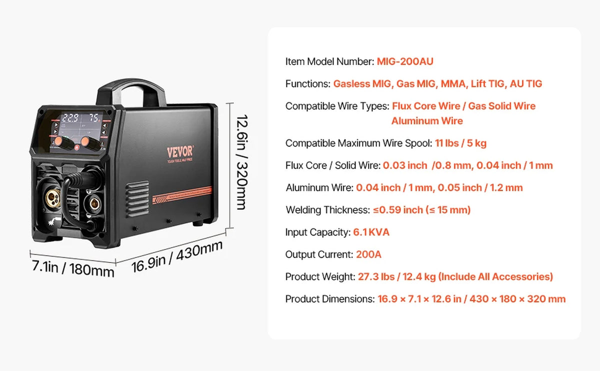 VEVOR 5-In-1 MIG Welder 200Amp Pluse Mig Welding Machine Gas Mig/Flux Core Mig/Stick/Lift TIG/AU TIG with LCD Screen Display