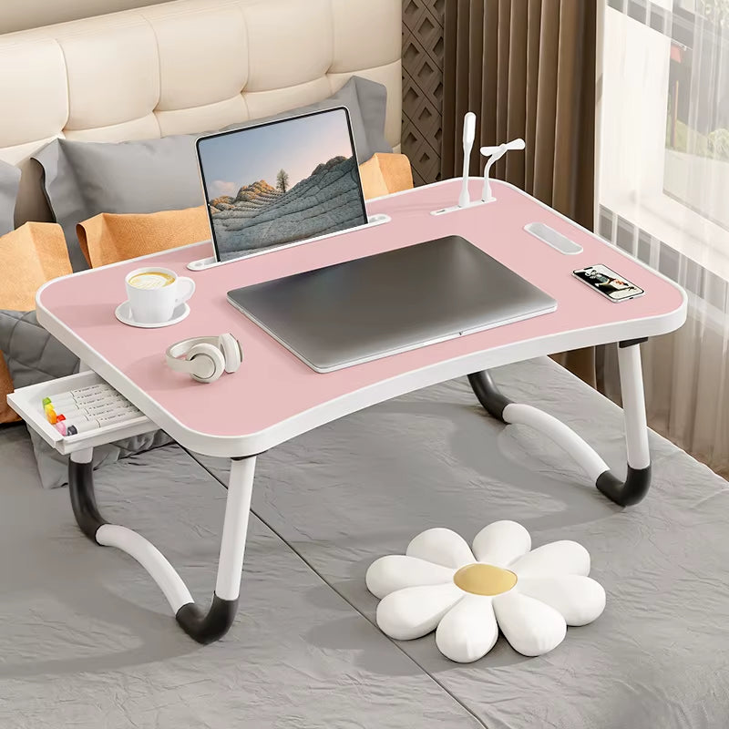 Portable Laptop Desk with USB Light, Small Fan, Cup Holder, Tablet Slot, and Lifting Handle - Foldable Laptop Table for Working,
