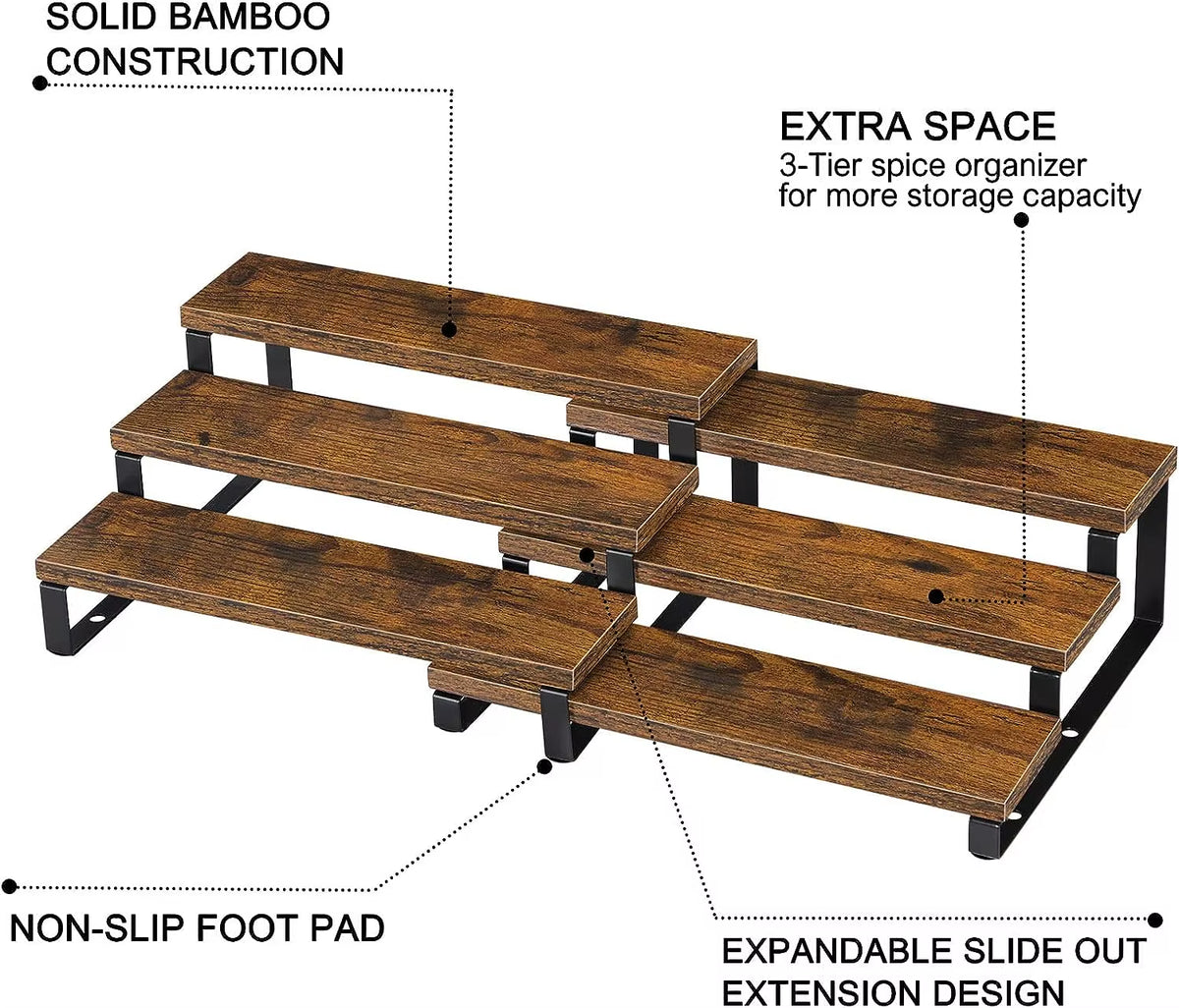 3-Tier Wooden Spice Rack Organizer for Cabinet, Expandable Spice Rack Shelf Organizer for Kitchen Cabinet Countertop, Set of 2