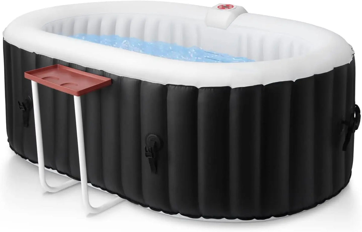 Inflatable black oval hot tub with 2-person capacity and bubble jets