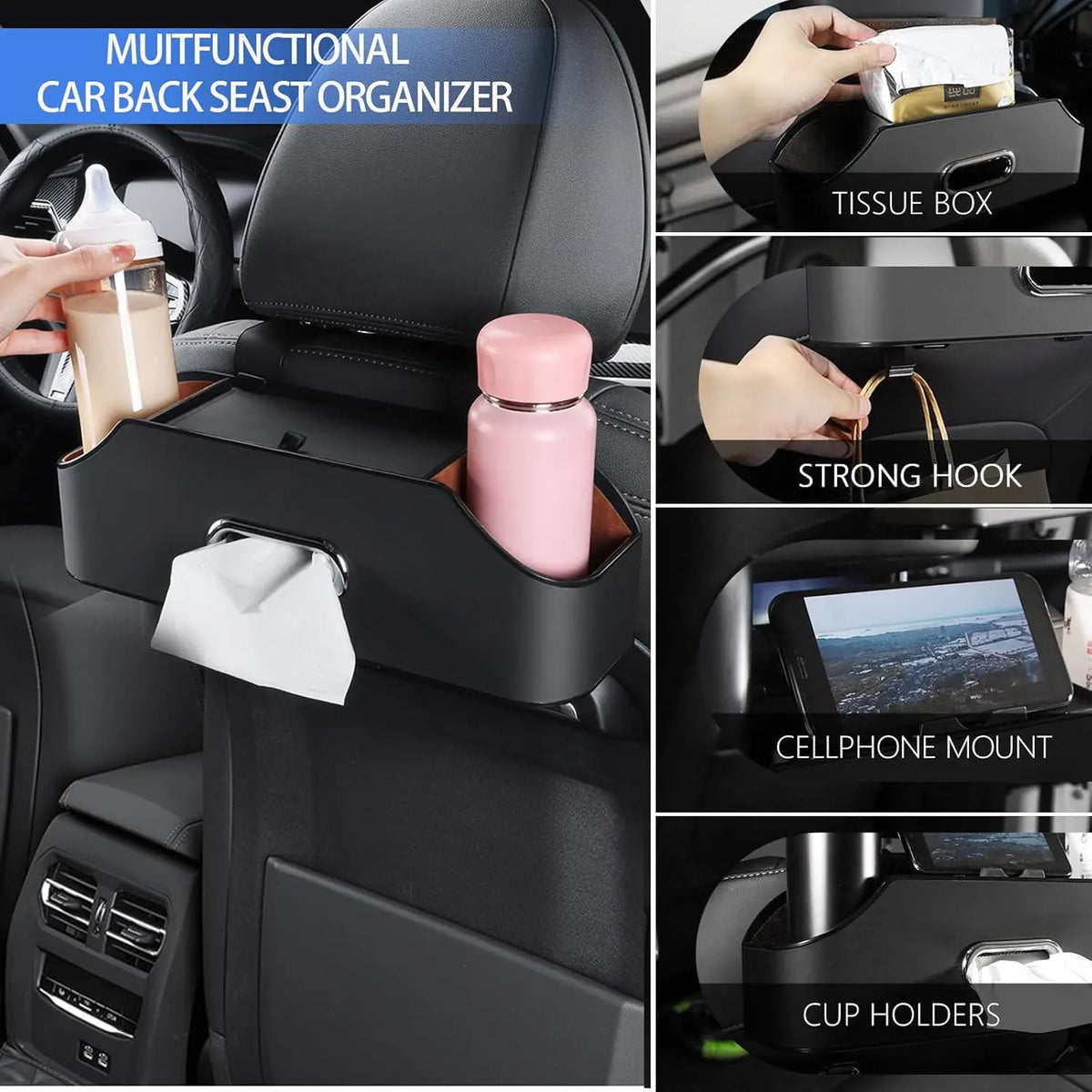 Car Back Seat Organizer with 2 Drink Cup Holder- Multifunctional Car Seat Back Organizer - Great for Kids and Travel